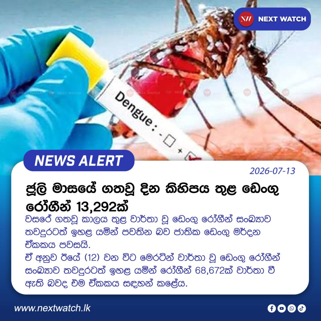 ජූලි මාසයේ ගතවූ දින කිහිපය තුළ ඩෙංගු රෝගීන් 13,292ක් ජූලි මාසයේ ගතවූ දින කිහිපය තුළ ඩෙංගු රෝගීන් 13,292ක්