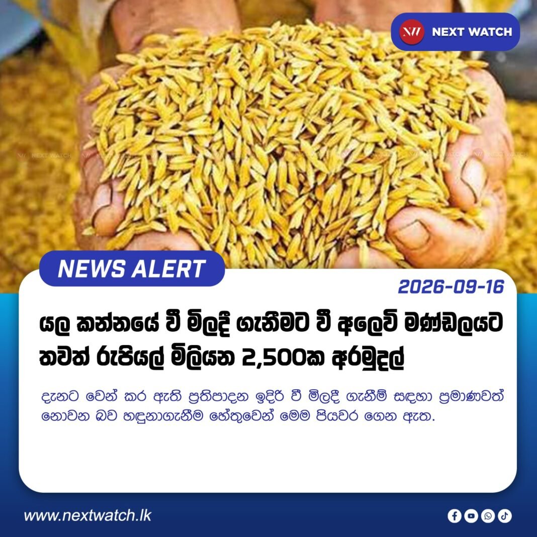 යල කන්නයේ වී මිලදී ගැනීමට වී අලෙවි මණ්ඩලයට තවත් රුපියල් මිලියන 2,500 ක අරමුදල් යල කන්නයේ වී මිලදී ගැනීමට වී අලෙවි මණ්ඩලයට තවත් රුපියල් මිලියන 2,500 ක අරමුදල්