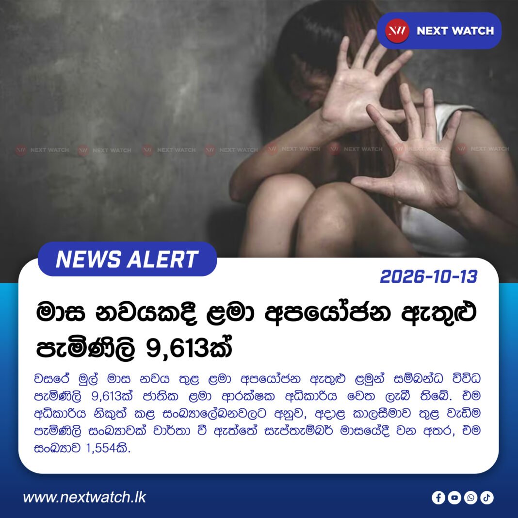 මාස නවයකදී ළමා අපයෝජන ඇතුළු පැමිණිලි 9,613ක් මාස නවයකදී ළමා අපයෝජන ඇතුළු පැමිණිලි 9,613ක්